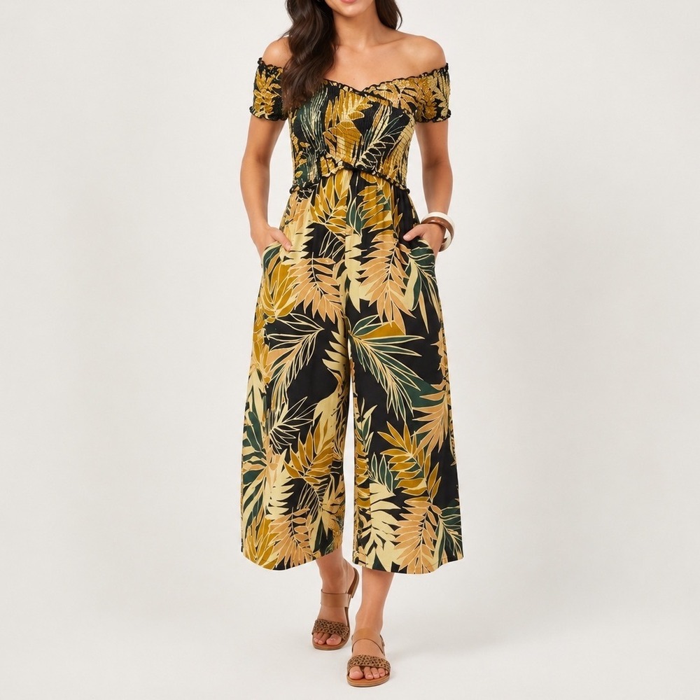 PATRONS OF PEACE Off-Shoulder Smocked Wide Leg Crop Jumpsuit XS Tropical Vacay